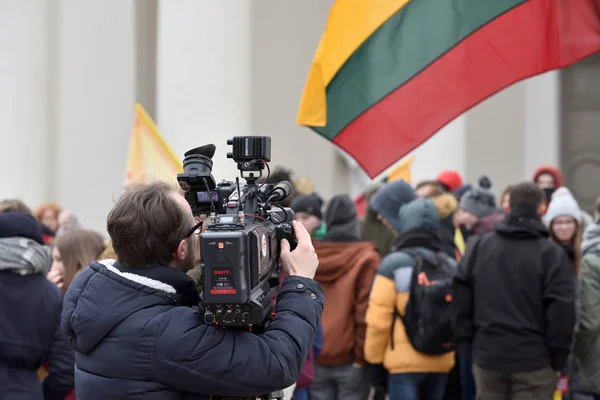 Vilnius Lituanie Février Caméra Télévision Filmant Événement Politique Vilnius Février — Photo