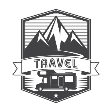 Vintage etiket, rozet, logo veya amblem mobil ev Kamyon ve metin seyahat, vektör çizim ile