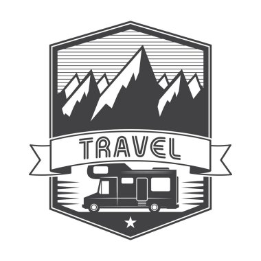 Vintage etiket, rozet, logo veya amblem mobil ev Kamyon ve metin seyahat, vektör çizim ile