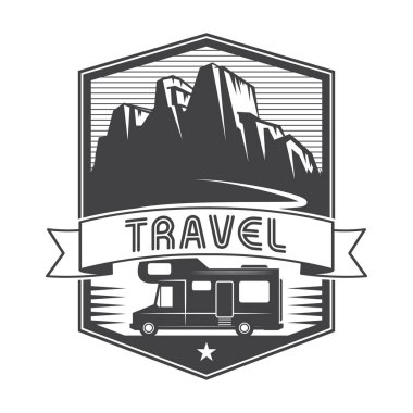 Vintage etiket, rozet, logo veya amblem mobil ev Kamyon ve metin seyahat, vektör çizim ile