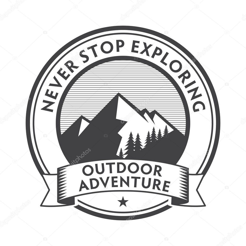 Vintage label, badge, stamp, logo or emblem with text Outdoor Adventure, Never Stop Exploring, vector illustration