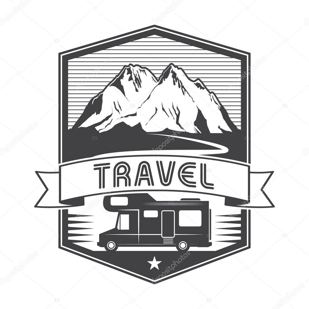 Vintage label, badge, logo or emblem with Mobile Home Truck and text Travel, vector illustration