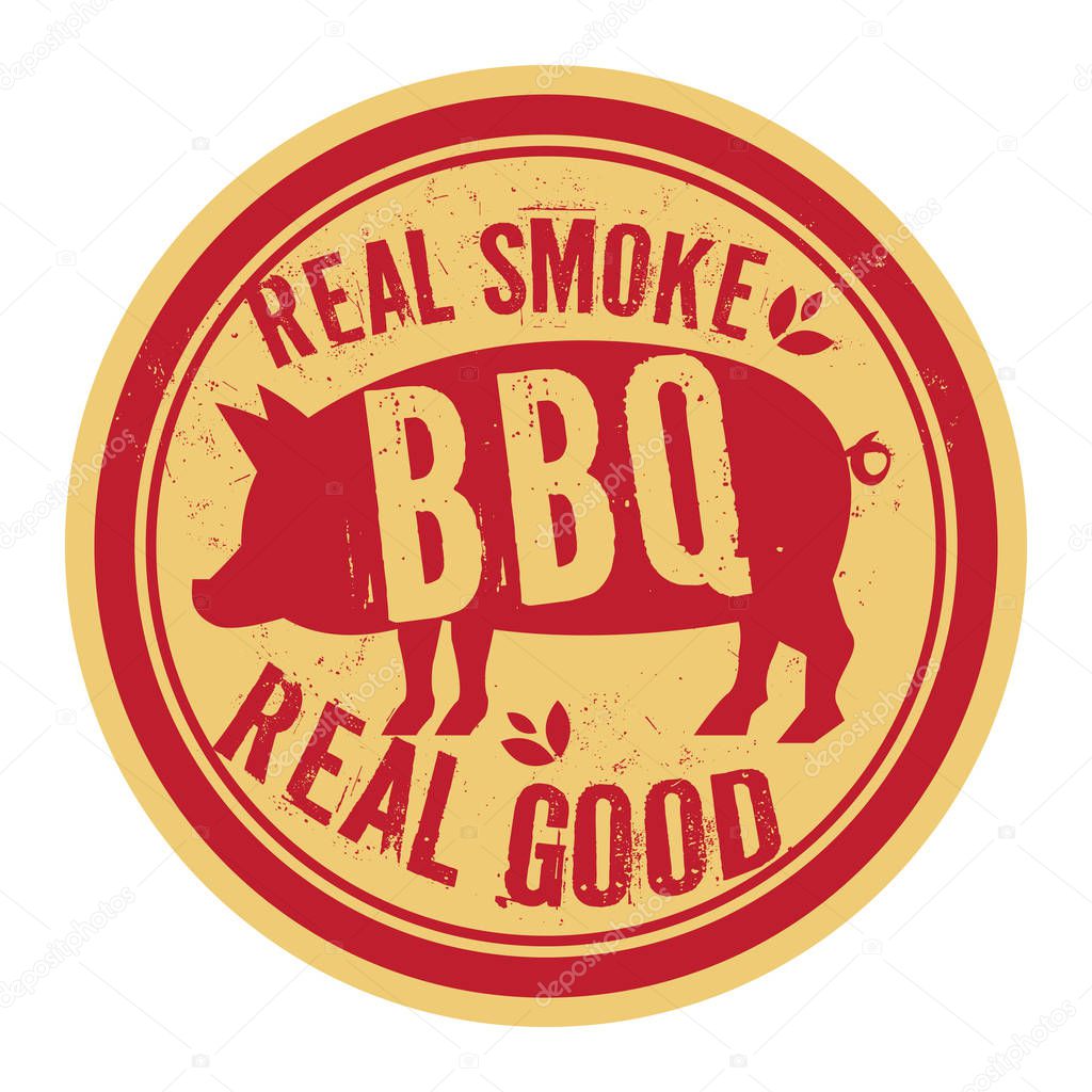 Pork stamp or label text Real Smoke, Real Good BBQ, vector illustration