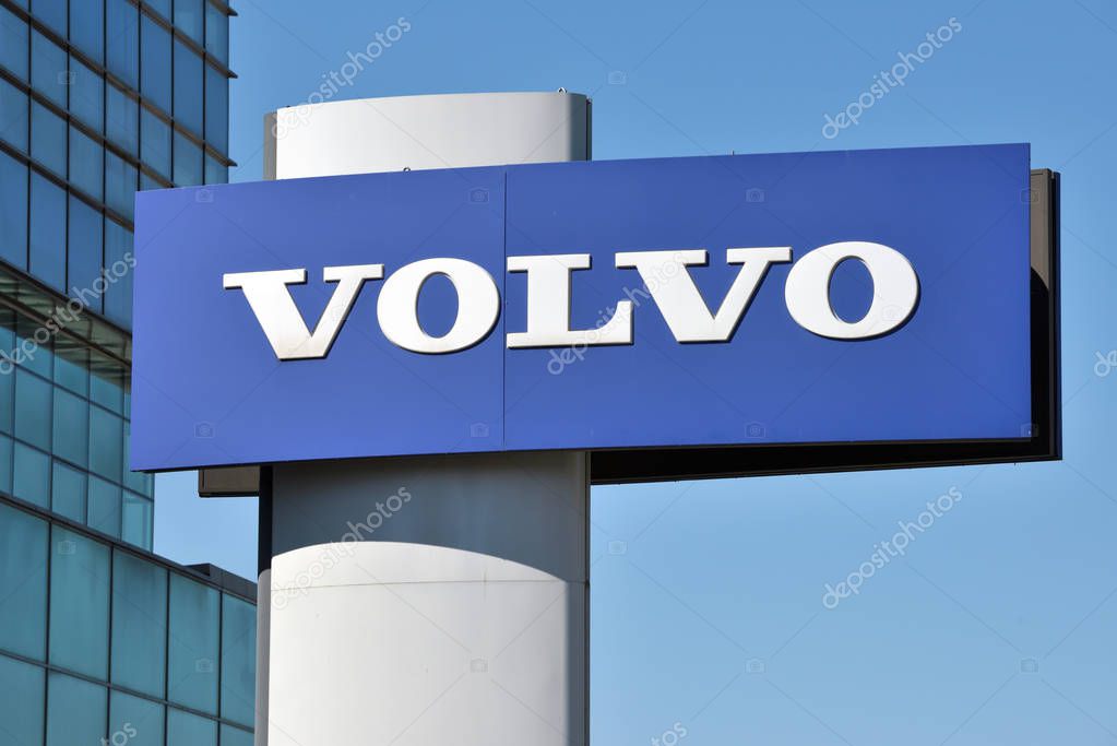 Vilnius, Lithuania - April 02: Volvo logotype sign in Vilnius on April 02, 2018. Volvo Car Corporation is a Swedish company manufacturing passenger cars.
