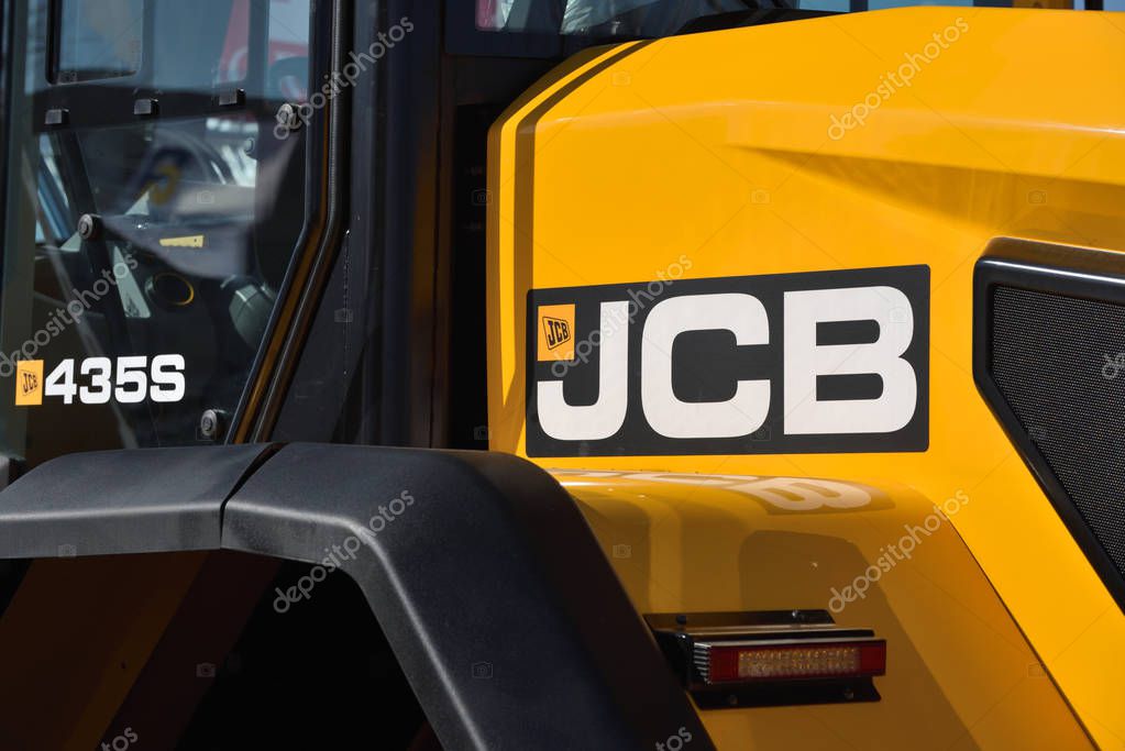 Kaunas, Lithuania - April 04: JCB heavy duty equipment vehicle and logo in Kaunas on April 04, 2019.  JCB corporation is manufacturing equipment for construction and agriculture
