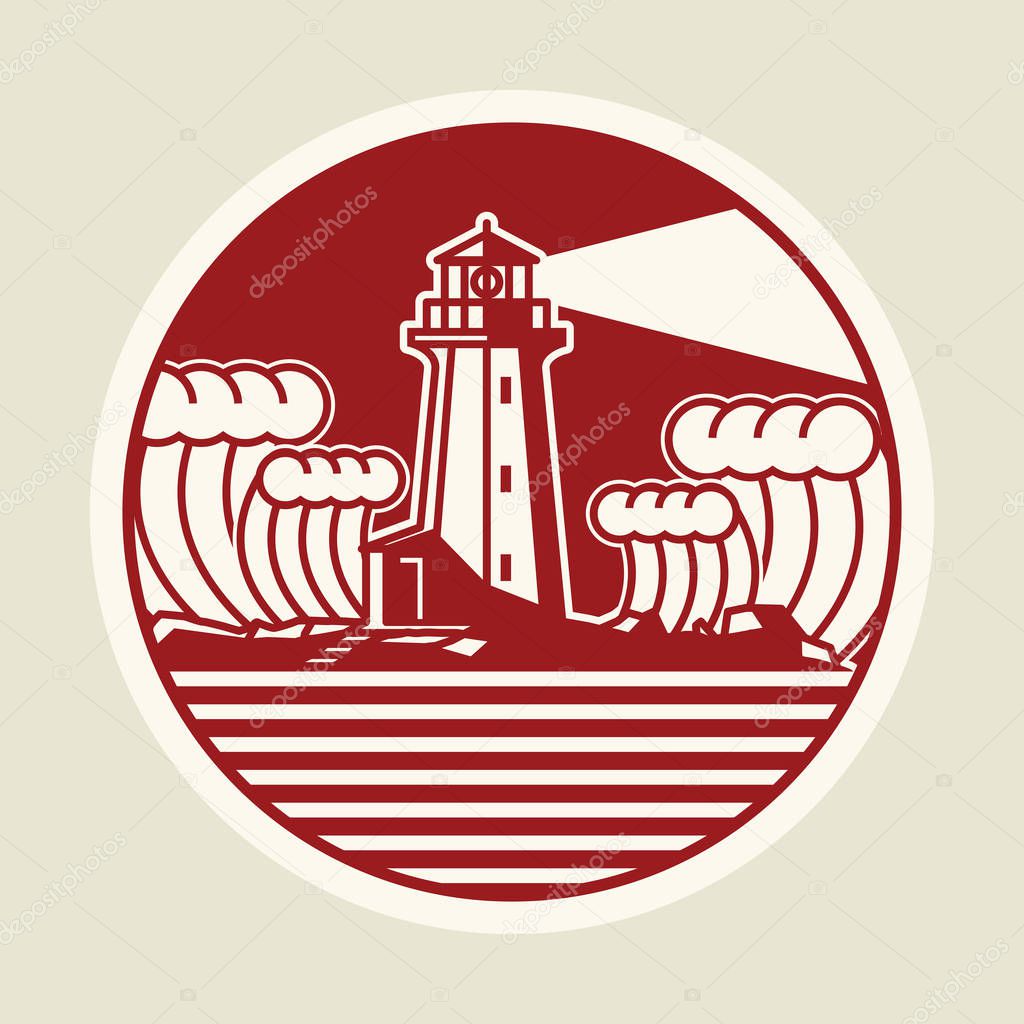 Lighthouse at the night, storm sea, sign or symbol, vector illustration