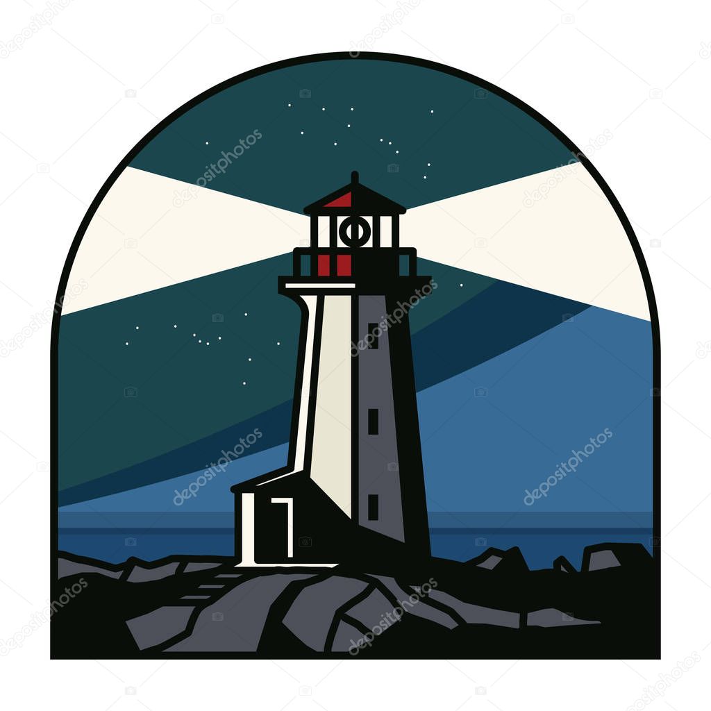 Lighthouse at the night, storm sea, sign or symbol, vector illustration