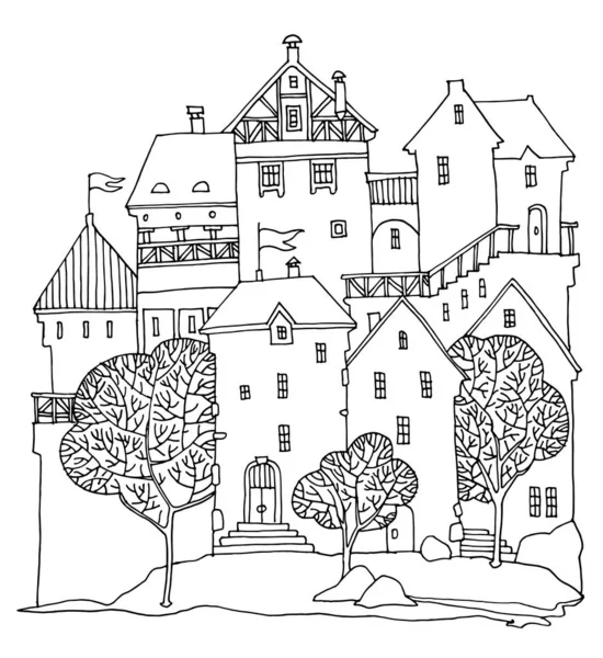 Burg mit Türmen von Hand gezeichnet — Stockvektor