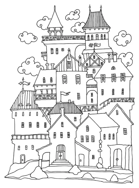 Castello con torri disegnate a mano — Vettoriale Stock