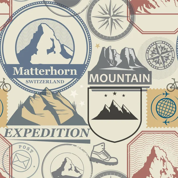 Mountain adventure stamps seamless pattern — Stock Vector