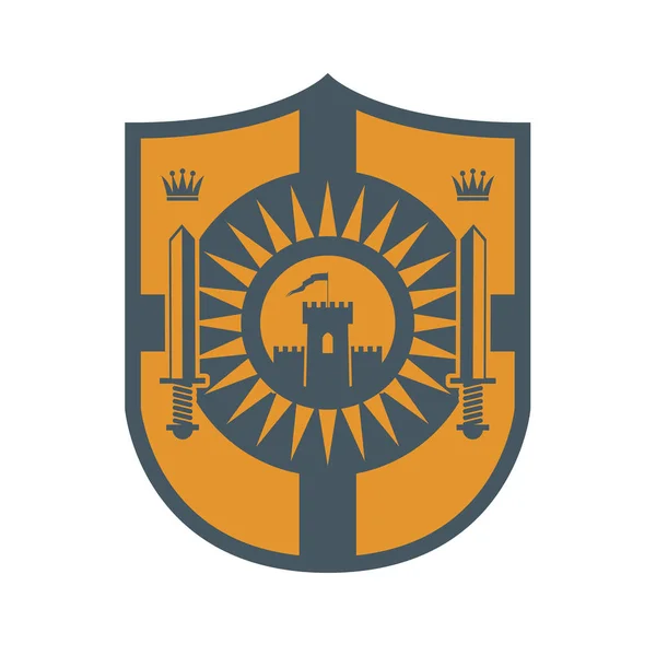 Gato, sol y silueta de espadas, diseño de escudo — Archivo Imágenes Vectoriales