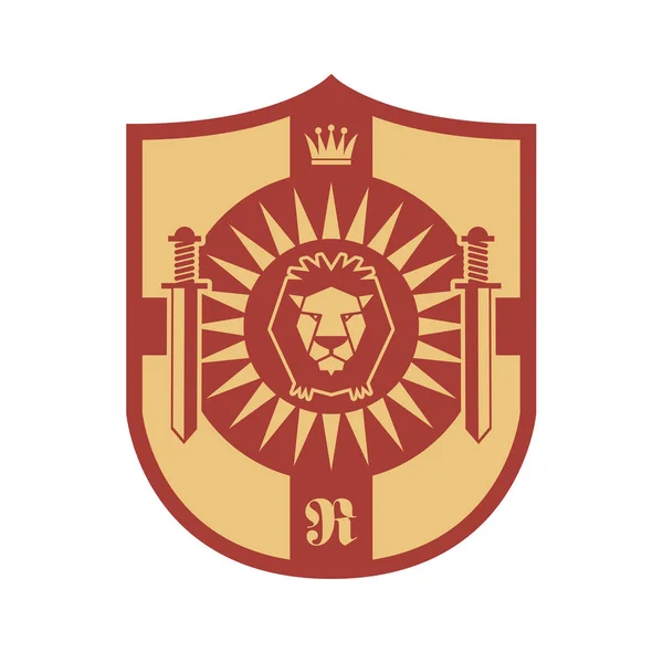 Cabeza de león y silueta de espadas, diseño de escudo — Vector de stock