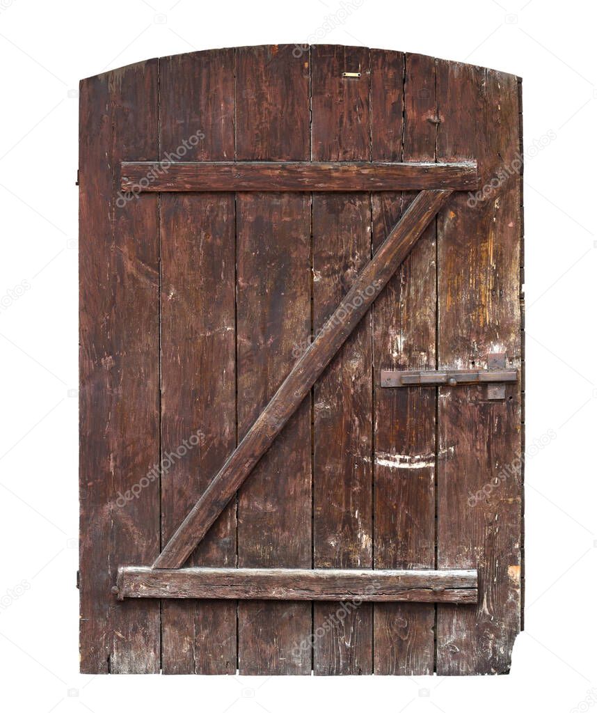 Dark rich wood grain barn door, on white background