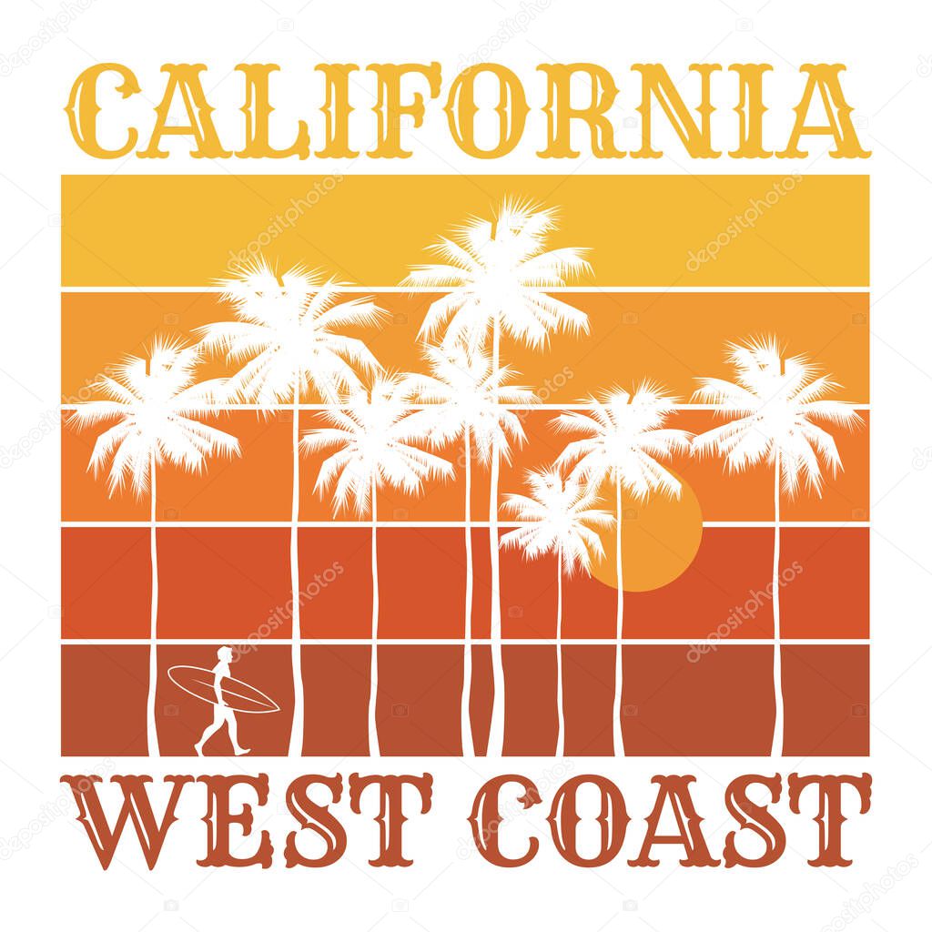 Theme of surfing with text California, West Coast. Typography, t-shirt graphics, poster, print, banner or postcard, vector illustration