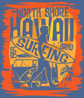Hawaii, Oahu sörf tasarımı. Vektör illüstrasyonu
