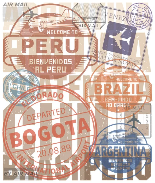 Selos Viagem Símbolos Conjunto América Sul Tema Ilustração Vetorial — Vetor de Stock