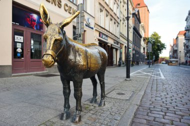 Torun, 13 Temmuz 2020 'de Polonya' nın Torun kentinde eşeğin bronz anıtı. Torun, Polonya 'nın kuzeyindeki Vistula Nehri üzerinde tarihi bir şehirdir.