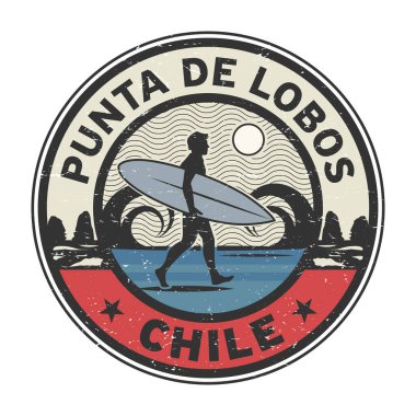 Punta de Lobos, Şili - sörfçü çıkartması, pul ya da işaret tasarımı, vektör illüstrasyonu