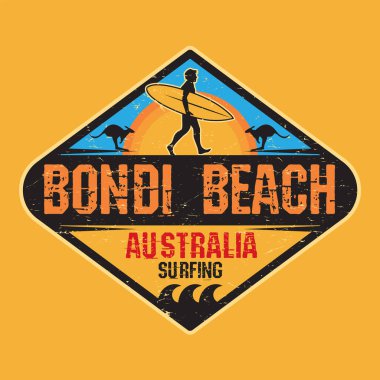 Bondi Plajı, Avustralya - sörfçü çıkartması, pul ya da işaret tasarımı, vektör illüstrasyonu