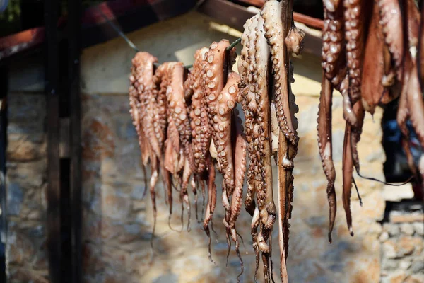 Lezzetli Geleneksel Yunan Yemekleri Sağlıklı Akdeniz Besinleri Güneşte Kurutulmuş Ahtapot — Stok fotoğraf
