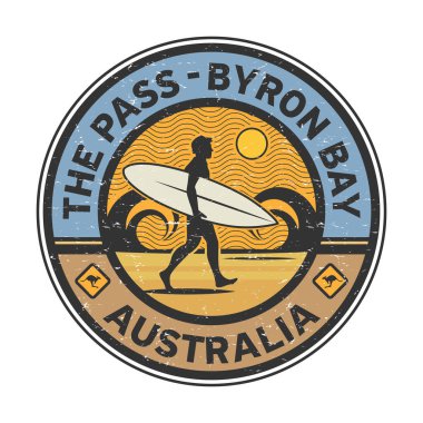 The Pass - Byron Bay, Avustralya - sörfçü çıkartması, pul ya da işaret tasarımı, vektör illüstrasyonu