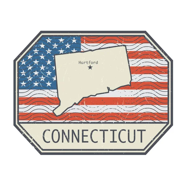 Francobollo Cartello Con Nome Mappa Connecticut Stati Uniti Illustrazione Vettoriale — Vettoriale Stock