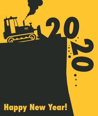 İnşaat alanında çalışan çekici buldozer, 2020 yılının kutlu olsun kartı, vektör illüstrasyonu.