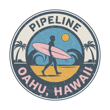 Boru hattı, Oahu, Hawaii sörfçü çıkartması, pul ya da işaret tasarımı, vektör illüstrasyonu