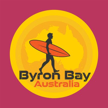 Soyut sörfçü damgası veya işareti - Byron Körfezi, Avustralya, vektör illüstrasyonu
