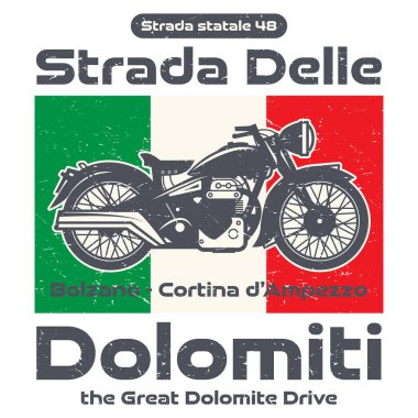 Yol adı Strada Delle Dolomiti olan motosiklet posteri, İtalya. Bisikletçiler etkinliği ya da festival tasarımı. Vektör illüstrasyonu