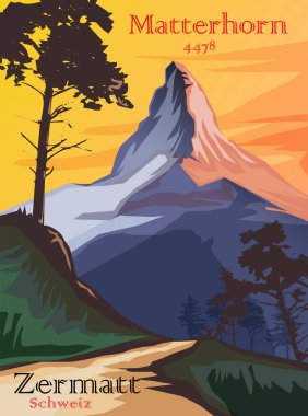 Matterhorn, İsviçre Alpleri. Matterhorn 'lu Alpler manzarası, vektör illüstrasyonu