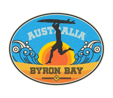 Byron Bay, Avustralya - sörfçü çıkartması, pul ya da işaret tasarımı, vektör illüstrasyonu