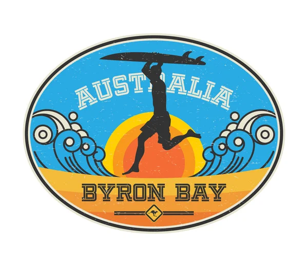 Byron Bay Avustralya Sörfçü Çıkartması Pul Işaret Tasarımı Vektör Illüstrasyonu — Stok Vektör