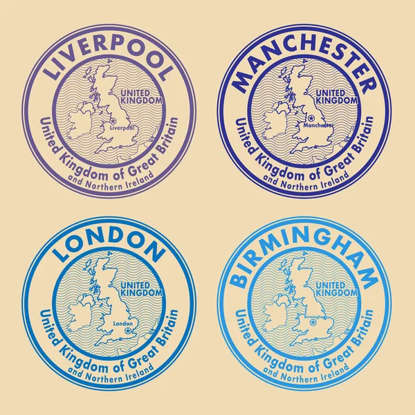 Resor Frimärken Set England London Och Storbritannien Städer Tema Vektor — Stock vektor