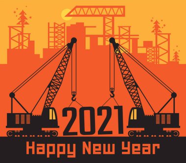 Turnalar, İnşaat Güç Makineleri, Mutlu Yıllar 2021 kartları, vektör illüstrasyonu
