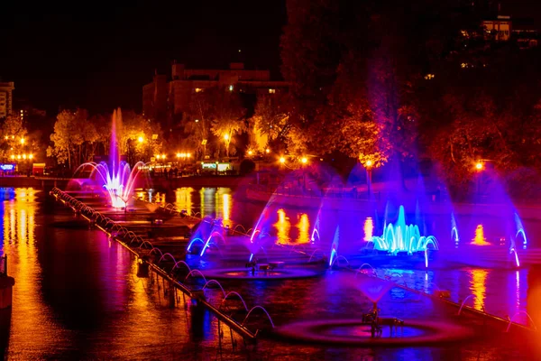 Glowing Multicolored Illumination Fountains Far Eastern City Khabarovsk Autumn Show — Stock Photo, Image