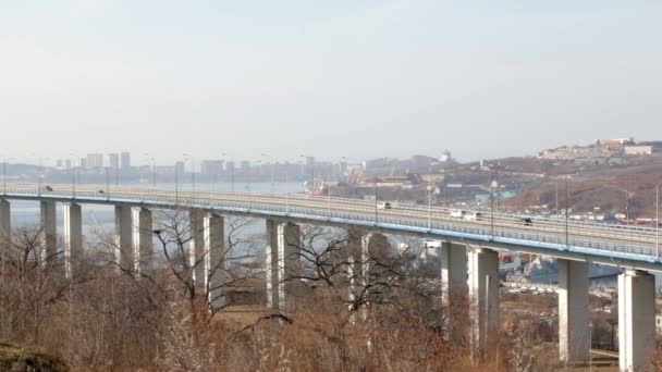 Cape Churkin Köprüsünden Vladivostok Uzakdoğu Şehir Boğaz Doğuda Aracılığıyla Çöpünü — Stok video
