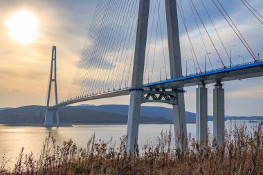 Suspended cable Russian bridge from the mainland of the Far-Eastern city of Vladivostok to the Russky island through the Eastern Bosphorus Strait. clipart