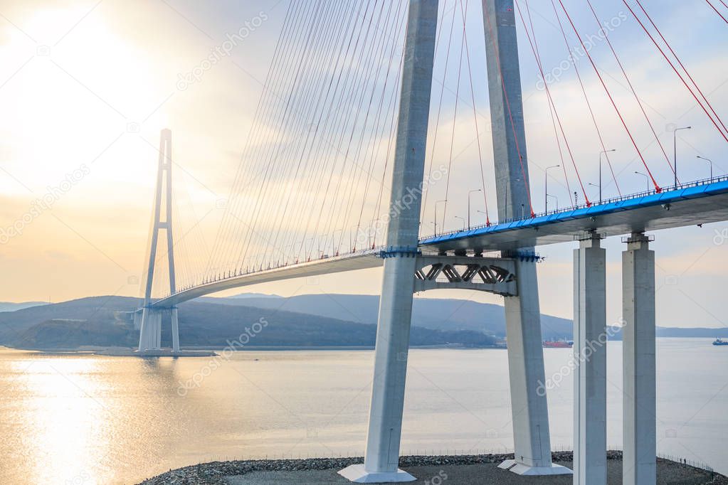 Suspended cable Russian bridge from the mainland of the Far-Eastern city of Vladivostok to the Russky island through the Eastern Bosphorus Strait.