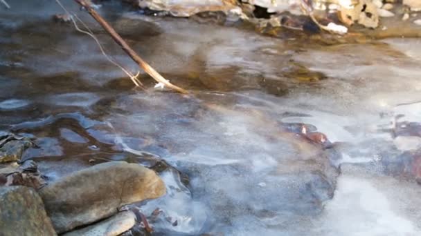 The spring thaw and the suns rays have warmed up the melted stream that rumbles under the ice. — Stock Video