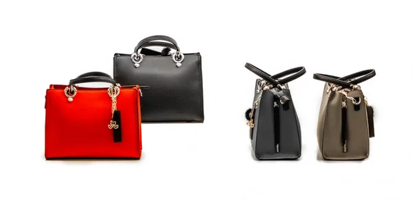 Set Stylish Modern Women Handbags Fresh Relevant Models Red Beige — стоковое фото