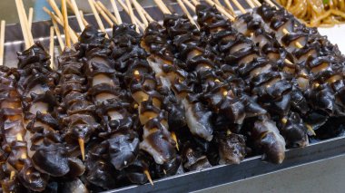 Fast food tamam. Aperatif ahşap çubuk üzerinde turistler için popüler bir snack kızartma için hazırlanan bir deniz hıyarı benzer.