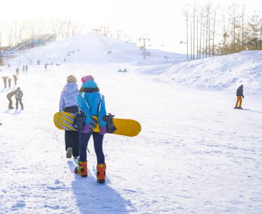 Kış eğlence ve kış sporları için özel renkli elbiseli Genç kız güneşli bir günde snowboard öğrenmek için tepeye tırmanmak.