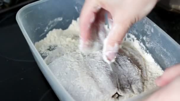 Flunder-Beschichtung in Mehl nach der Reinigung und Entkernung als Teil der Zubereitung von Meeresfischen zum Kochen und Braten — Stockvideo