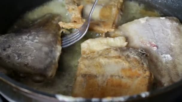 Pemanggangan dilapisi flounder dalam tepung sampai coklat keemasan dengan agitating setelah membersihkan dan memusnahkan sebagai bagian dari proses memasak dan menggoreng ikan laut — Stok Video