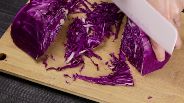 Mani Femminili Dello Chef Dividono Tagliano Cavolo Rosso Insalata Stufato — Video Stock