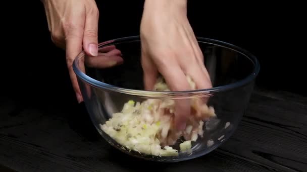 女厨师手将地肉与鸡片与洋葱片混合 煎肉丸或香肠 自制食谱烹饪过程的一部分 — 图库视频影像