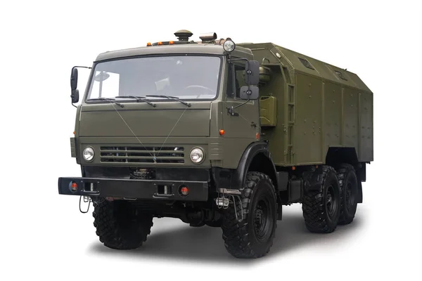 Mobiele Automotive Kitchen pak-200m-04 op het chassis van een Kamaz truck is in dienst bij het Russische leger. Geïsoleerd op witte achtergrond Rechtenvrije Stockafbeeldingen