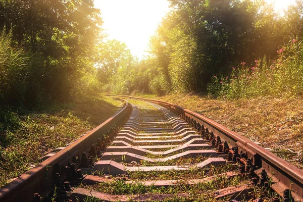 Antiguo ferrocarril abandonado con rieles oxidados en el verano durante el atardecer — Foto de Stock