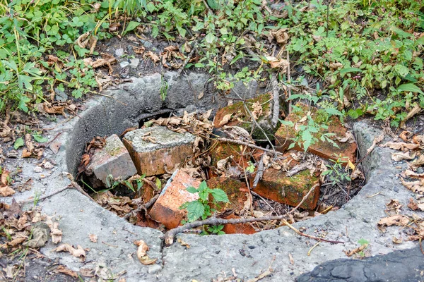 The concrete well of the city drainage system is overgrown with grass and filled with stones and mud with branches. An abandoned storm drains sump is not serviced and has problems Stockafbeelding